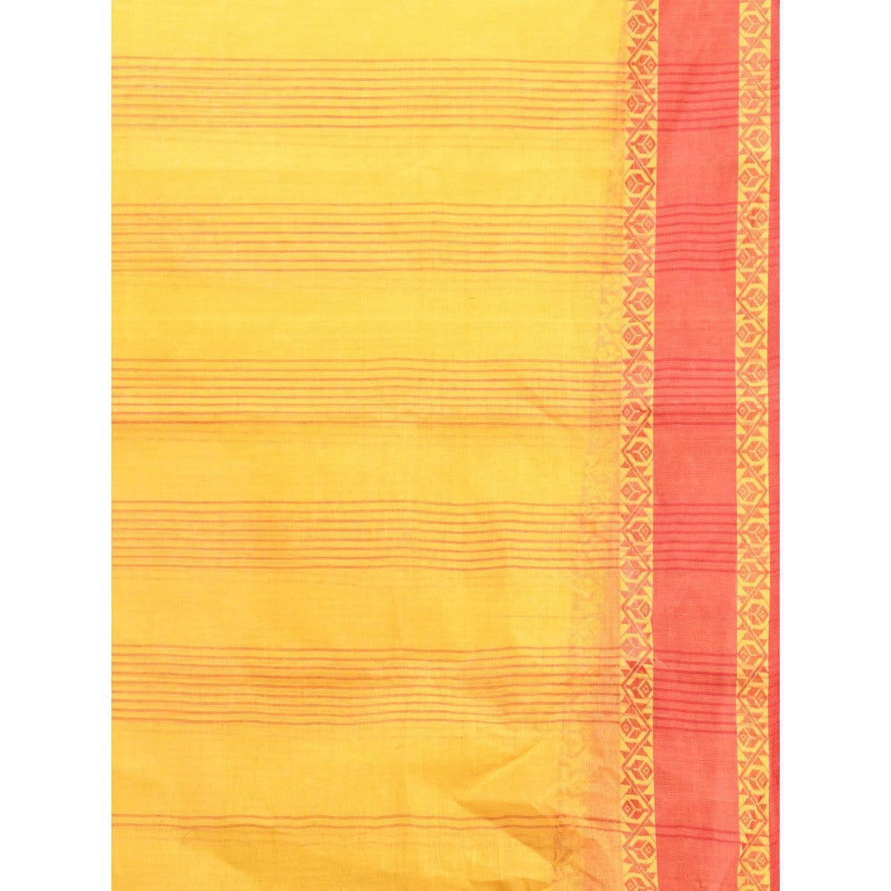 CHARUKRITI Bright Yellow Pure Cotton Tant Woven Designs Saree without Blouse