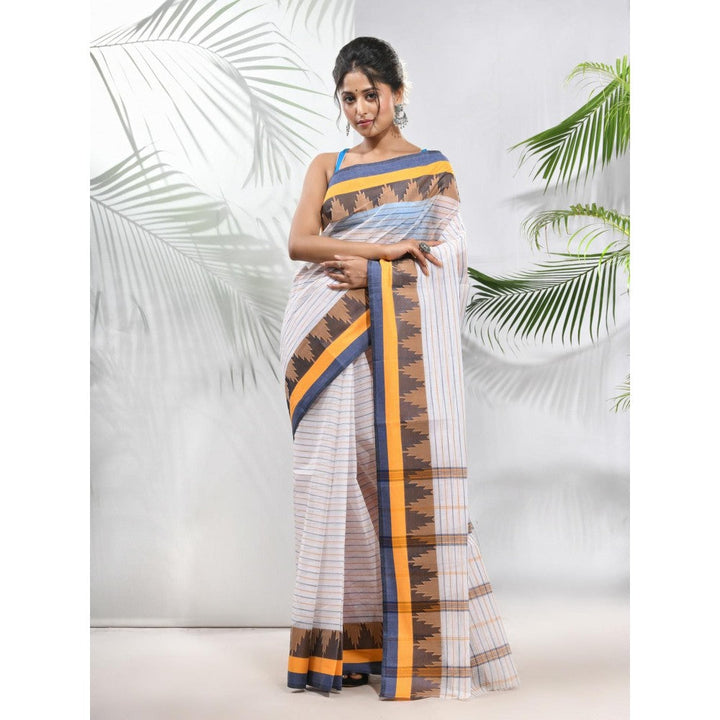 CHARUKRITI White Pure Cotton Tant Woven Designs Saree with Temple Border without Blouse