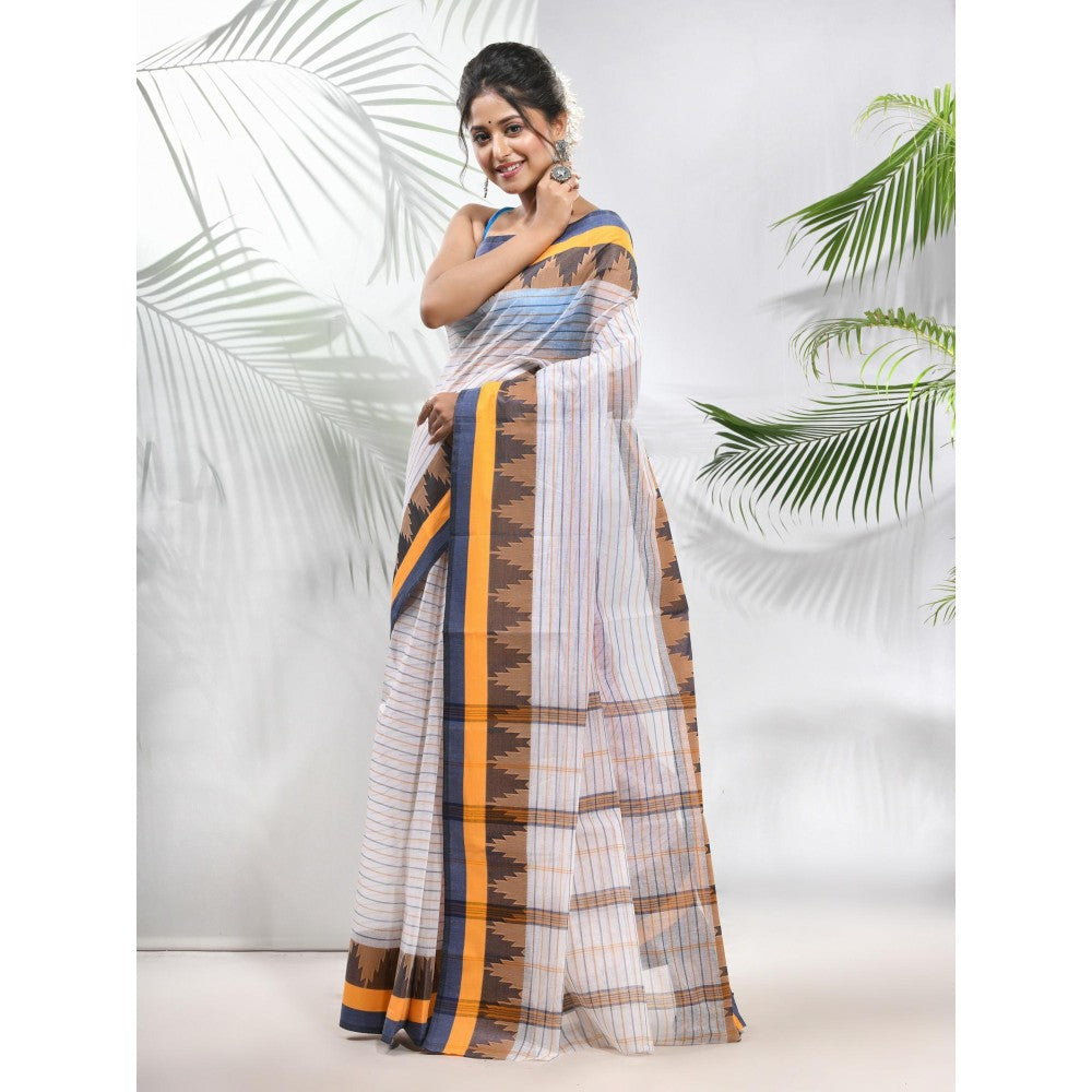 CHARUKRITI White Pure Cotton Tant Woven Designs Saree with Temple Border without Blouse