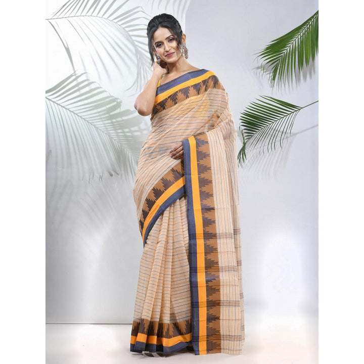 CHARUKRITI Cream Pure Cotton Tant Woven Designs Saree with Temple Border without Blouse