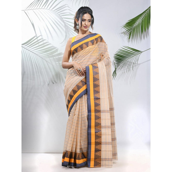 CHARUKRITI Cream Pure Cotton Tant Woven Designs Saree with Temple Border without Blouse