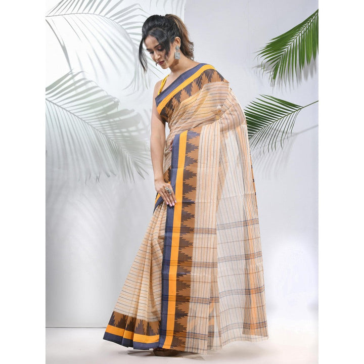 CHARUKRITI Cream Pure Cotton Tant Woven Designs Saree with Temple Border without Blouse