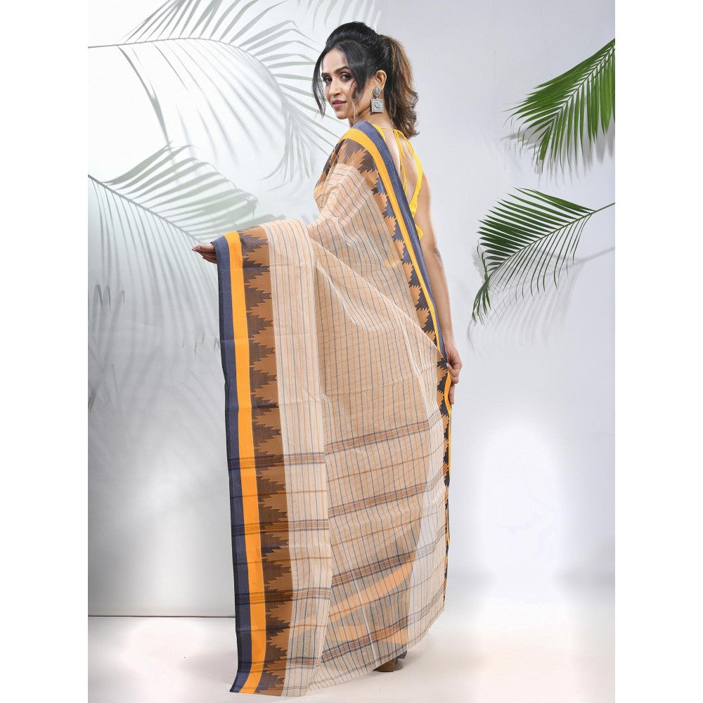 CHARUKRITI Cream Pure Cotton Tant Woven Designs Saree with Temple Border without Blouse