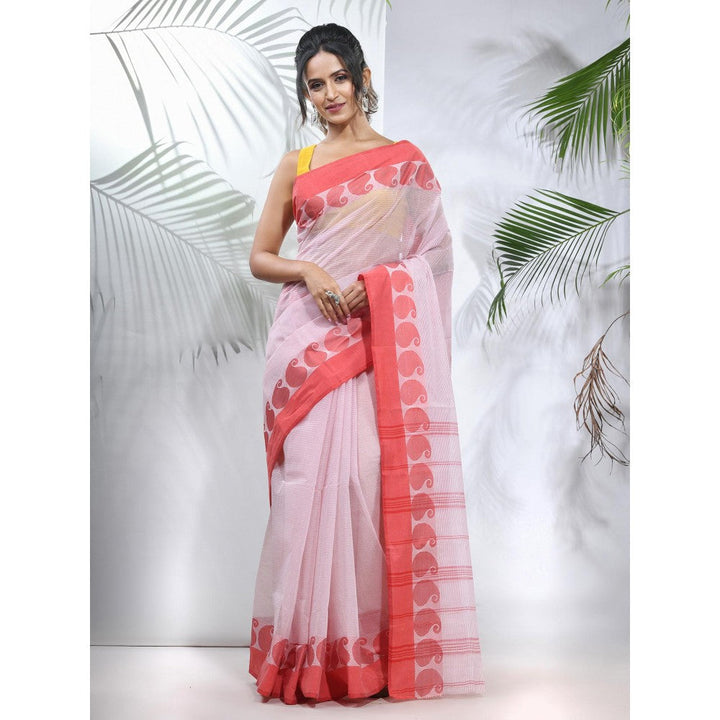 CHARUKRITI White and Red Pure Cotton Tant Woven Designs Saree without Blouse