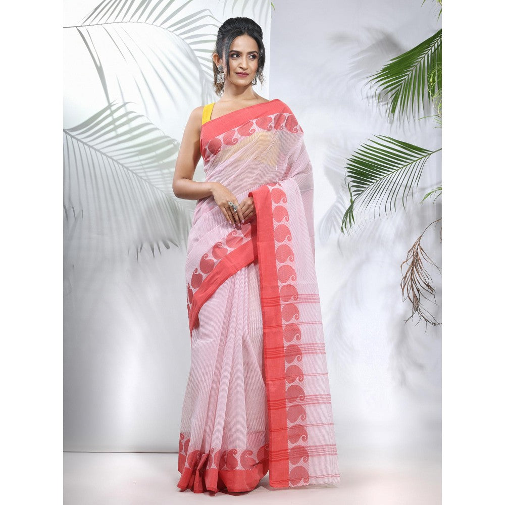 CHARUKRITI White and Red Pure Cotton Tant Woven Designs Saree without Blouse