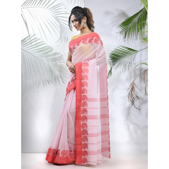 CHARUKRITI White and Red Pure Cotton Tant Woven Designs Saree without Blouse