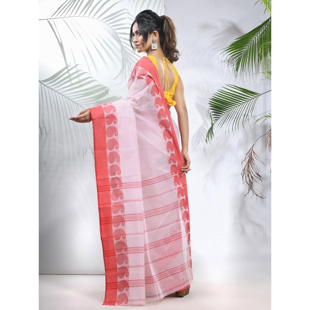 CHARUKRITI White and Red Pure Cotton Tant Woven Designs Saree without Blouse