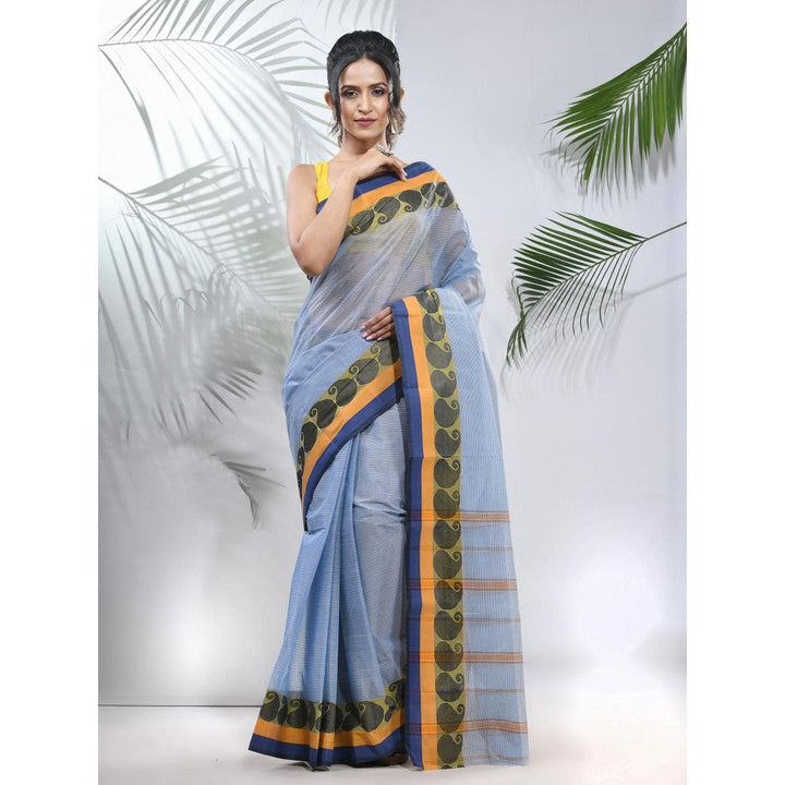 CHARUKRITI Blue Pure Cotton Tant Woven Designs Saree without Blouse