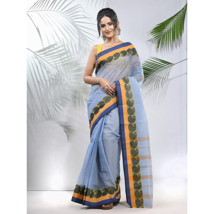 CHARUKRITI Blue Pure Cotton Tant Woven Designs Saree without Blouse