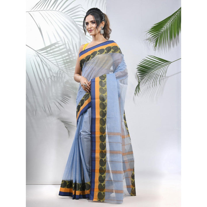 CHARUKRITI Blue Pure Cotton Tant Woven Designs Saree without Blouse