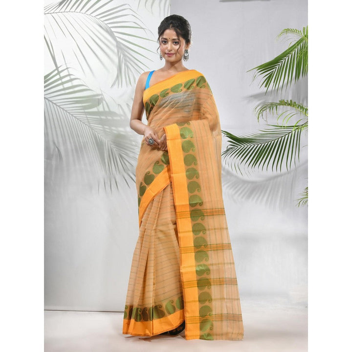 CHARUKRITI Beige Pure Cotton Tant Woven Designs Saree without Blouse