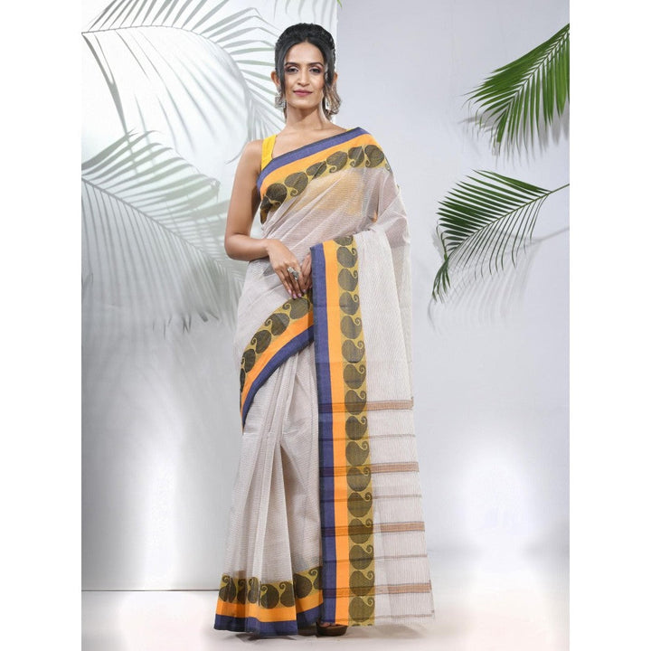 CHARUKRITI White Pure Cotton Tant Woven Designs Saree without Blouse