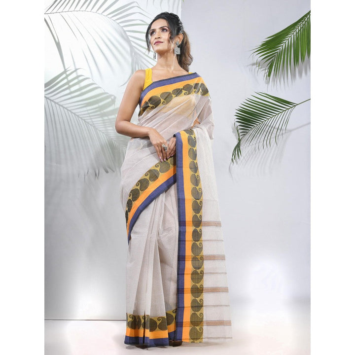 CHARUKRITI White Pure Cotton Tant Woven Designs Saree without Blouse