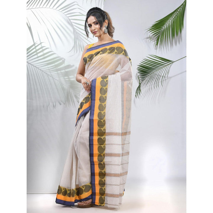 CHARUKRITI White Pure Cotton Tant Woven Designs Saree without Blouse