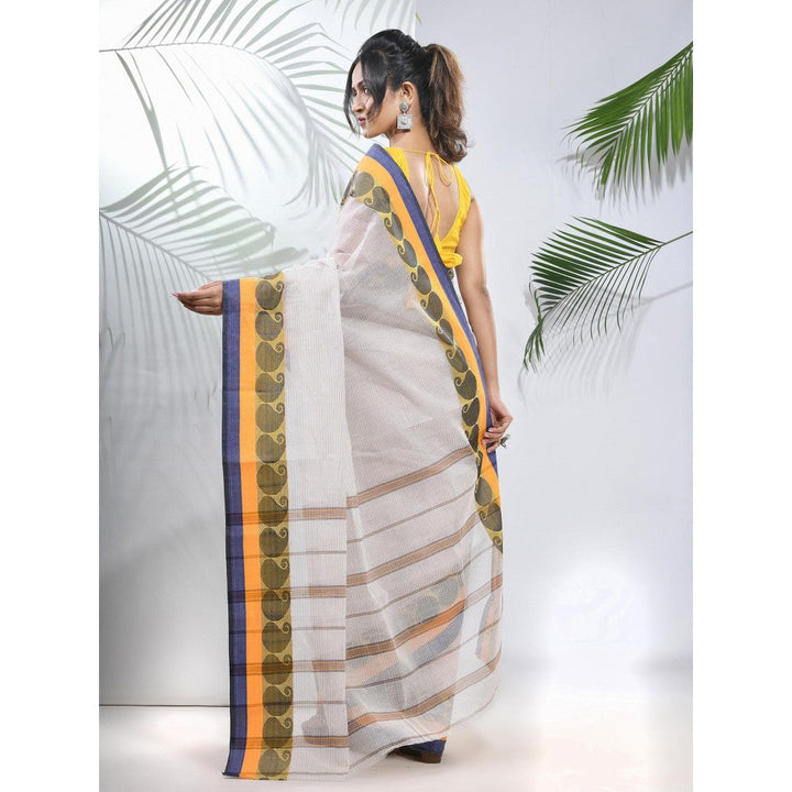 CHARUKRITI White Pure Cotton Tant Woven Designs Saree without Blouse