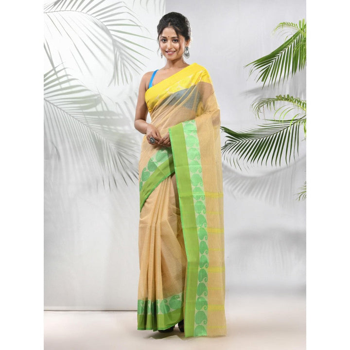 CHARUKRITI Beige Pure Cotton Tant Woven Designs Saree without Blouse