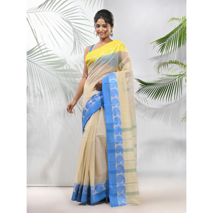 CHARUKRITI Cream Pure Cotton Tant Woven Designs Saree without Blouse