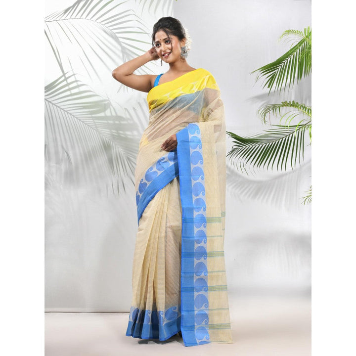 CHARUKRITI Cream Pure Cotton Tant Woven Designs Saree without Blouse