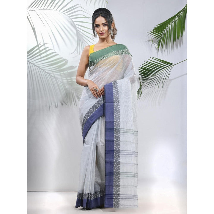 CHARUKRITI Off White Pure Cotton Tant Woven Designs Saree without Blouse