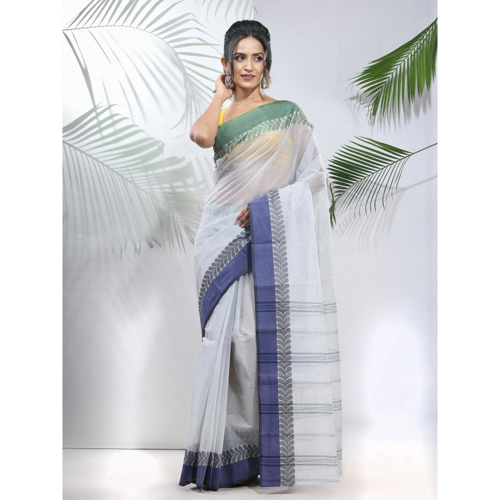 CHARUKRITI Off White Pure Cotton Tant Woven Designs Saree without Blouse