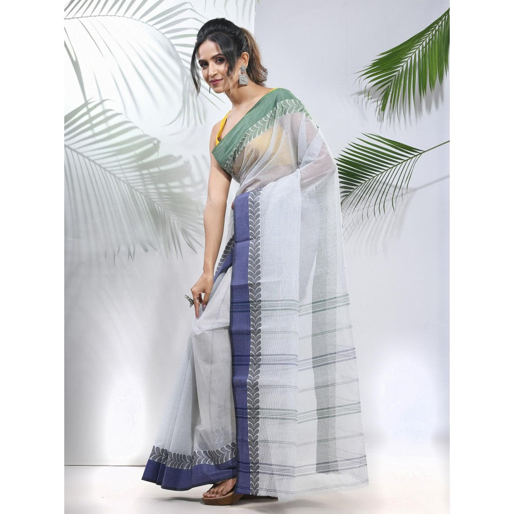 CHARUKRITI Off White Pure Cotton Tant Woven Designs Saree without Blouse