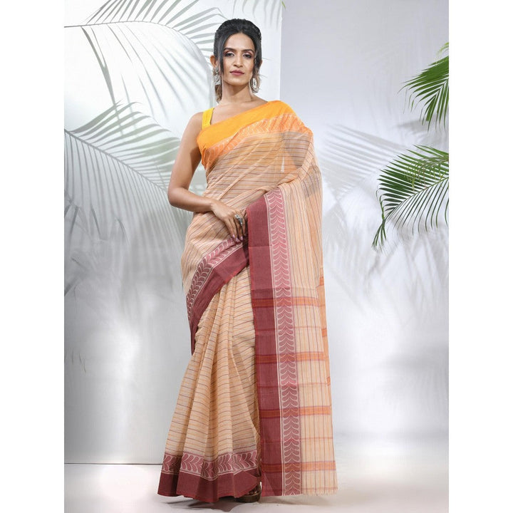 CHARUKRITI Beige Pure Cotton Tant Woven Designs Saree without Blouse