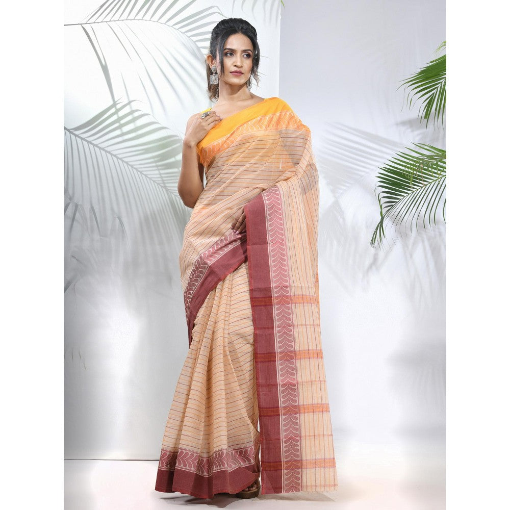 CHARUKRITI Beige Pure Cotton Tant Woven Designs Saree without Blouse