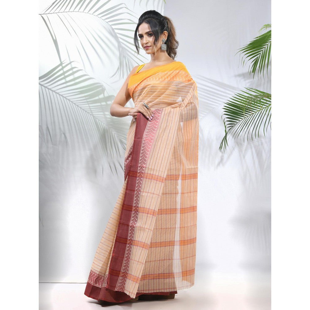 CHARUKRITI Beige Pure Cotton Tant Woven Designs Saree without Blouse