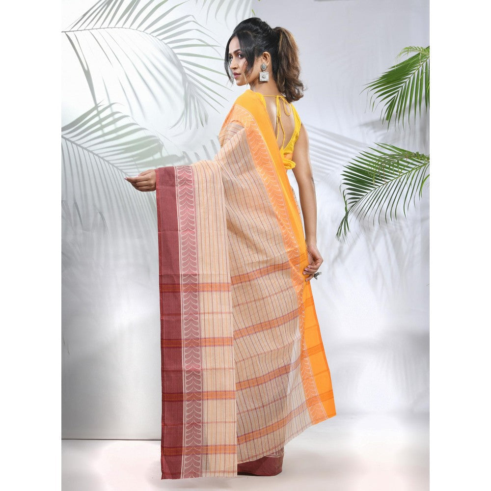 CHARUKRITI Beige Pure Cotton Tant Woven Designs Saree without Blouse