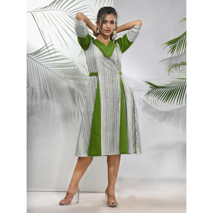 CHARUKRITI White Cotton Ethnic Dress with Panelled Detailing