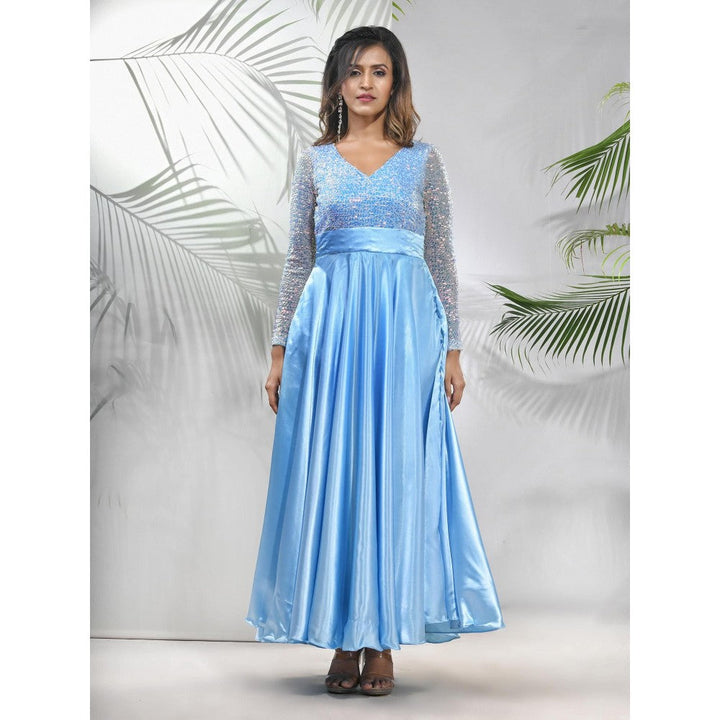 CHARUKRITI Sky Blue Satin Gown with Sequins Work