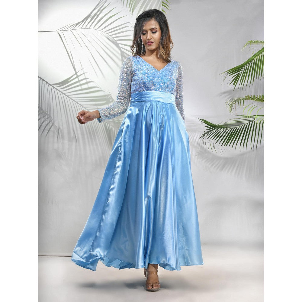 CHARUKRITI Sky Blue Satin Gown with Sequins Work