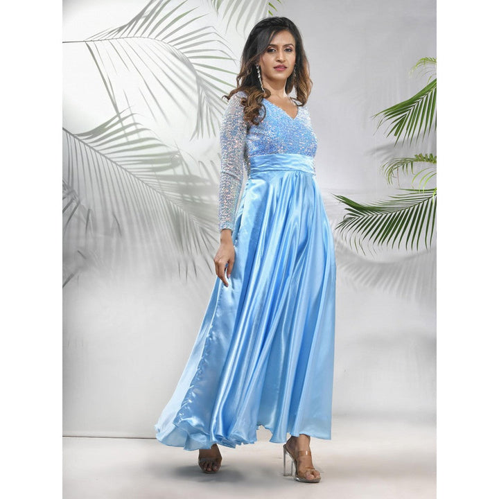 CHARUKRITI Sky Blue Satin Gown with Sequins Work