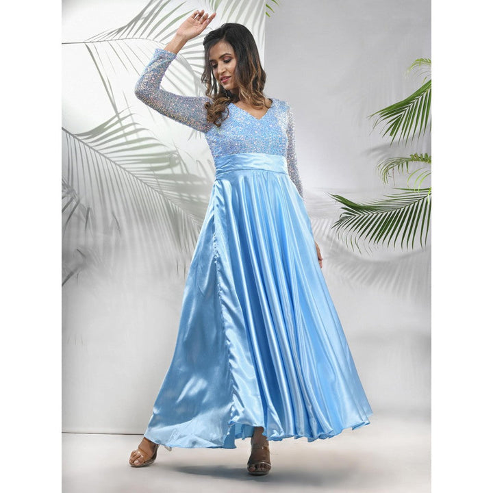 CHARUKRITI Sky Blue Satin Gown with Sequins Work