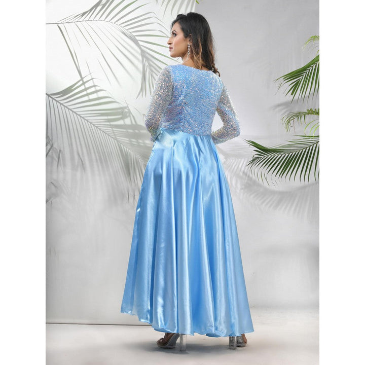 CHARUKRITI Sky Blue Satin Gown with Sequins Work