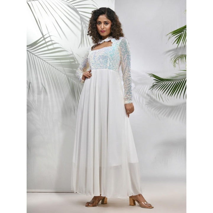 CHARUKRITI Off White Georgette Gown with Sequins Work