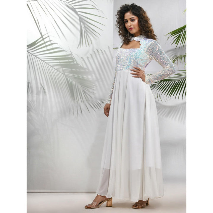 CHARUKRITI Off White Georgette Gown with Sequins Work