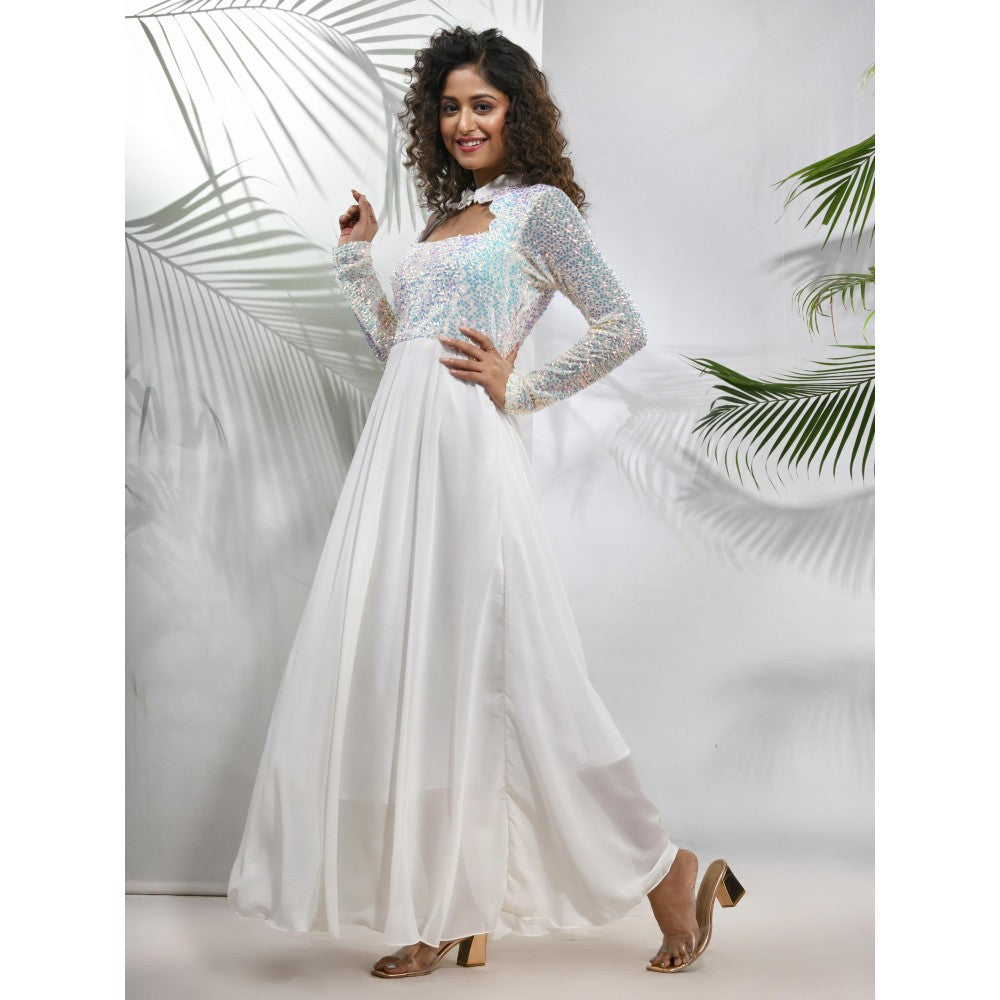 CHARUKRITI Off White Georgette Gown with Sequins Work