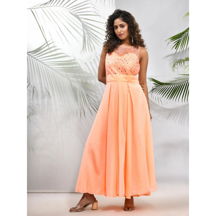 CHARUKRITI Peach Georgette Gown with Bow