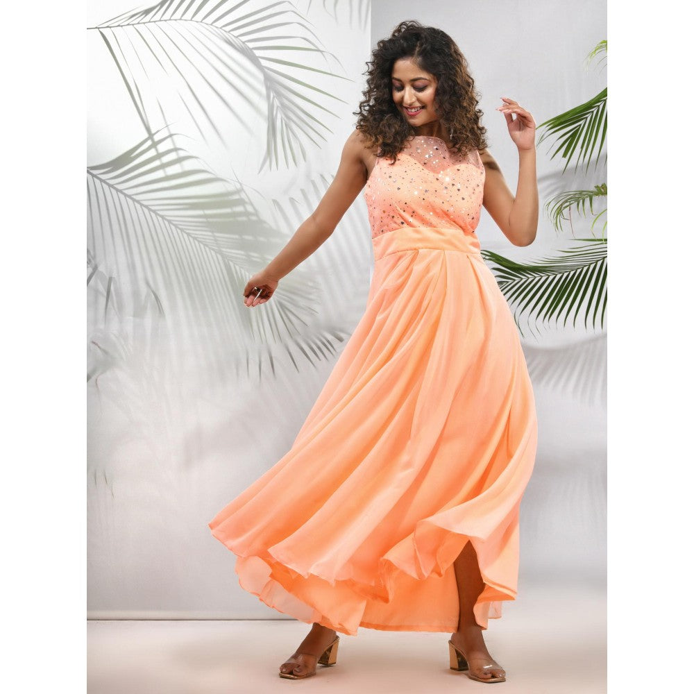 CHARUKRITI Peach Georgette Gown with Bow