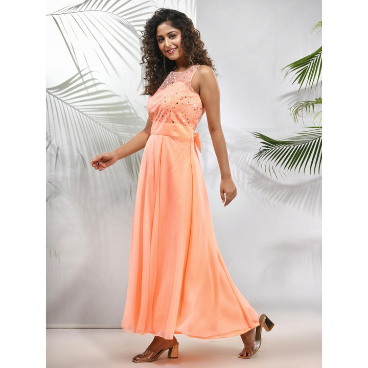 CHARUKRITI Peach Georgette Gown with Bow