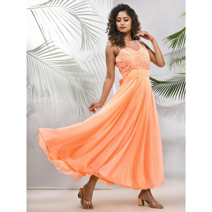 CHARUKRITI Peach Georgette Gown with Bow