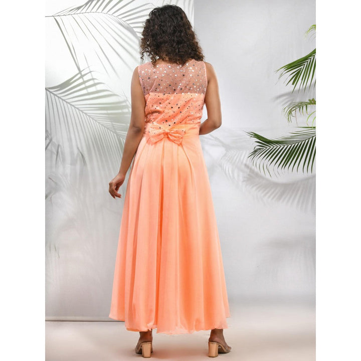 CHARUKRITI Peach Georgette Gown with Bow