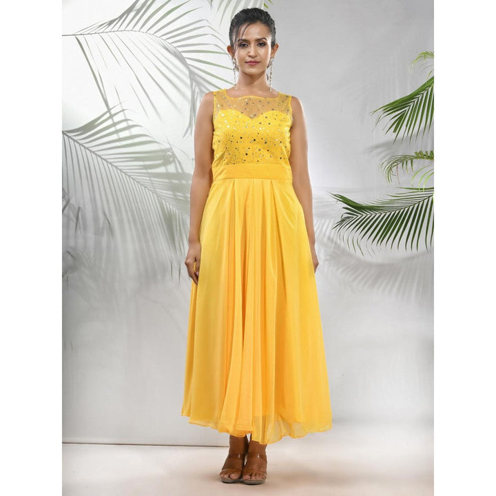 CHARUKRITI Bright Yellow Georgette Gown with Bow