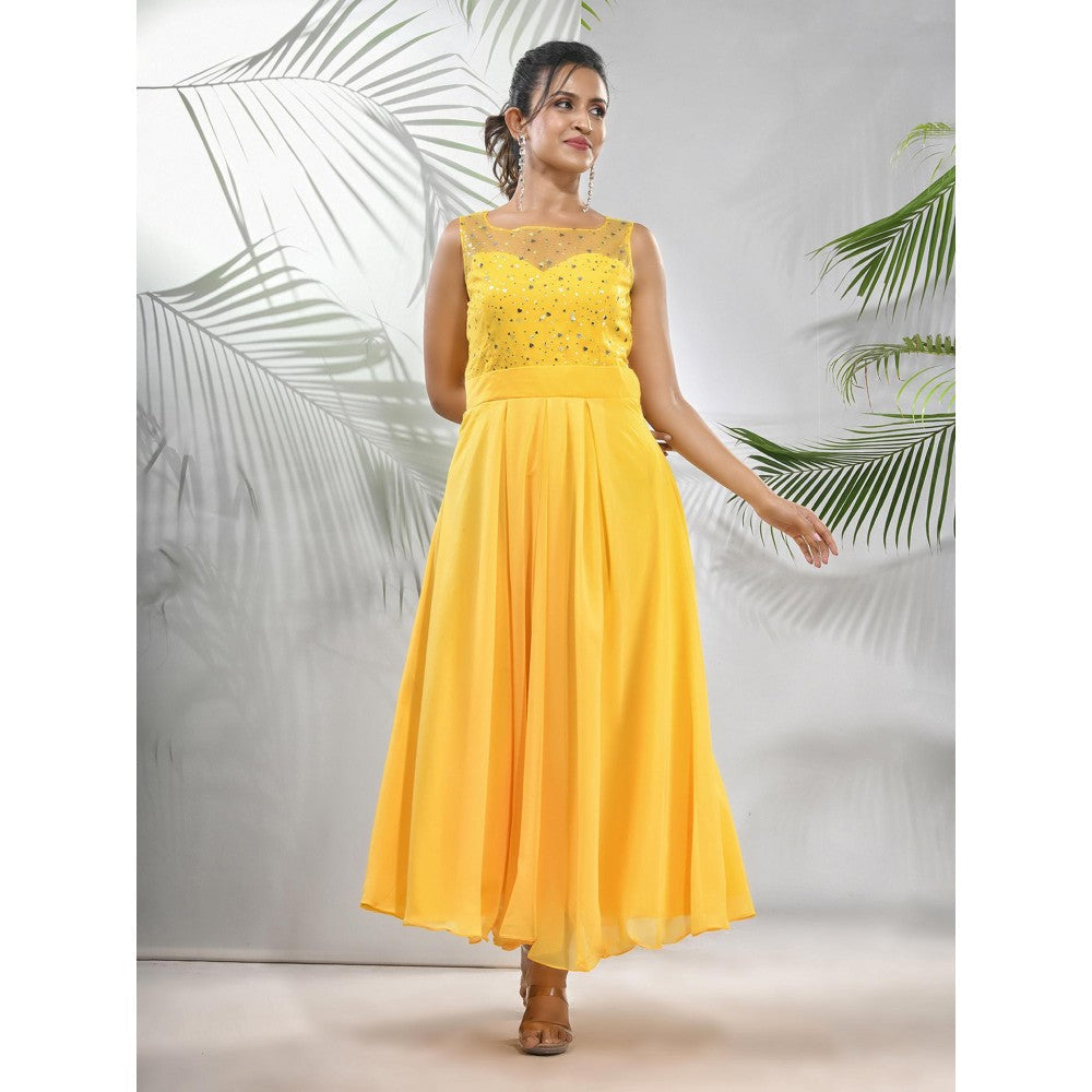 CHARUKRITI Bright Yellow Georgette Gown with Bow