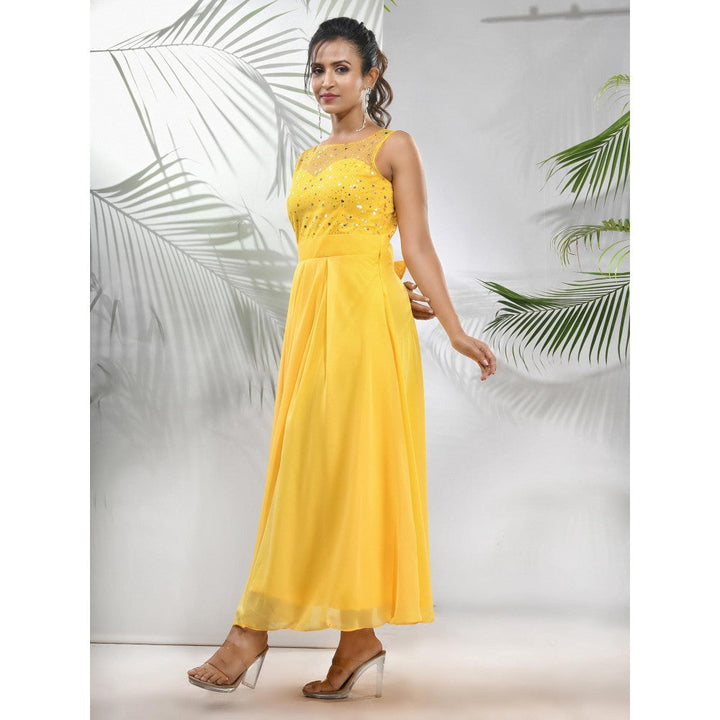 CHARUKRITI Bright Yellow Georgette Gown with Bow