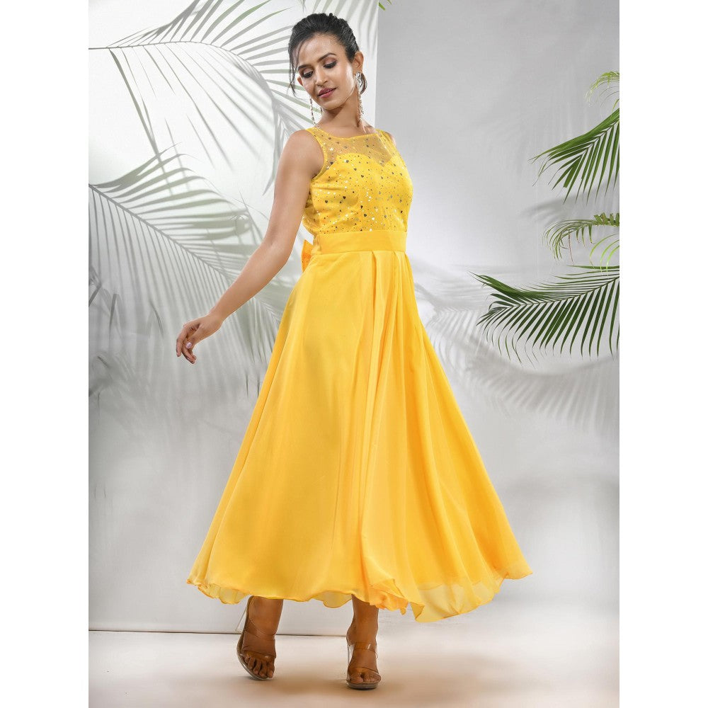 CHARUKRITI Bright Yellow Georgette Gown with Bow