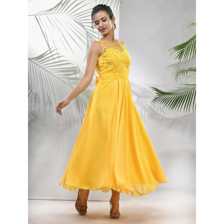 CHARUKRITI Bright Yellow Georgette Gown with Bow