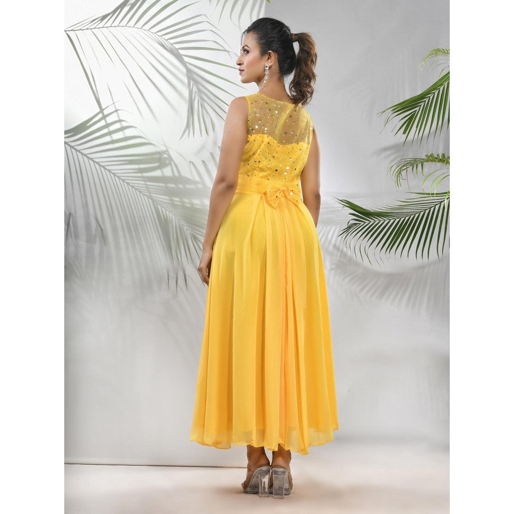 CHARUKRITI Bright Yellow Georgette Gown with Bow