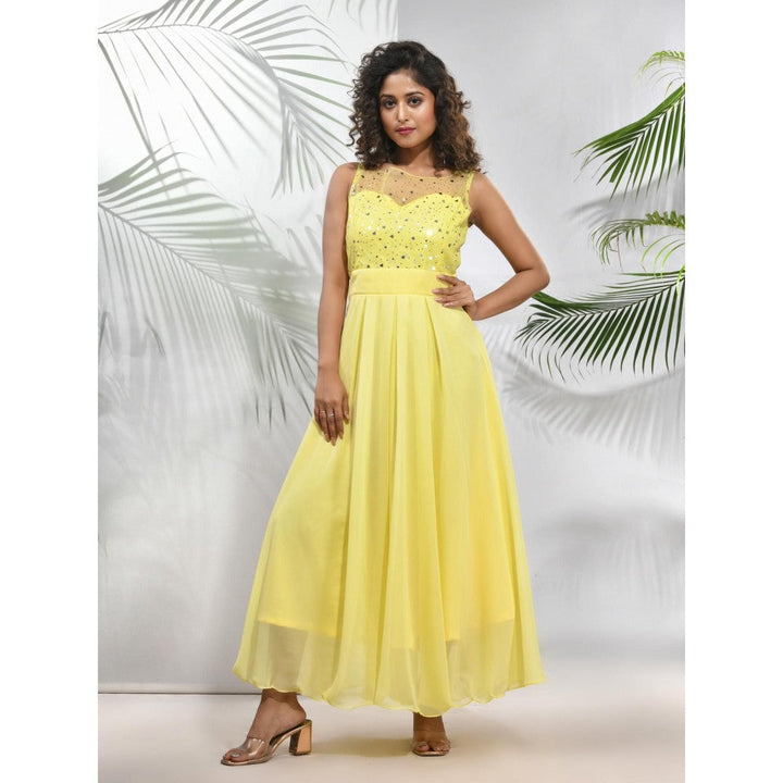 CHARUKRITI Yellow Georgette Gown with Bow